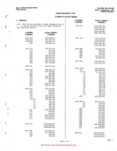 200-020-001 i9 Dec63 - Cross Reference A-series to Plant-series
