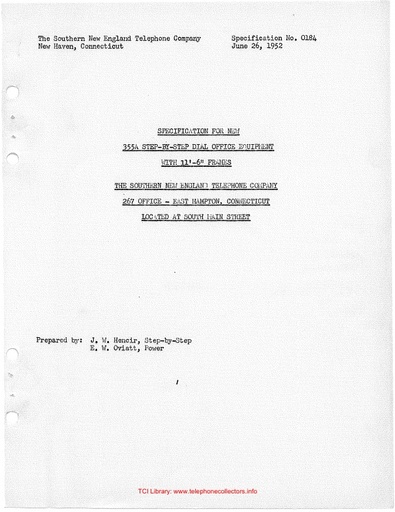 East Hampton CO 1952 Dial Equipment Specs