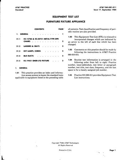 065-001-011 EQUIPMENT TEST LIST FURNITURE FIXTURE APPLIANCE