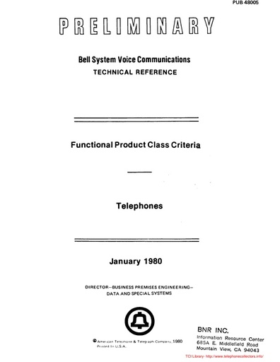 80 ATT PUB 4005 Jan80 - Technical Reference TELEPHONES - Functional Class Criteria