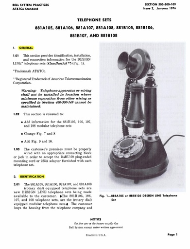 503-200-109 i2 Jan76 - 881A 881B-Series - Candlestick Telephones