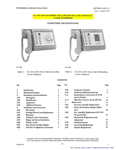 SC 81-072-72 i1 Apr76 - 1810 2810 Wall 11-Line Telephones - Connections Maint