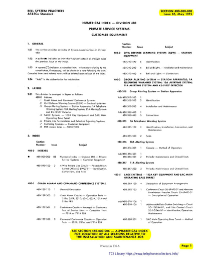 480-000-000 i85 May75 - PTT App 1 iJ - Numerical Index Div 480 - Private Service Sys Customer Equip