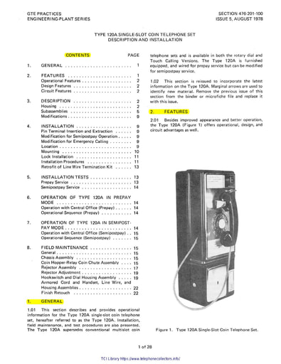 GTEP 476-201-100 i5 Aug78 - 120A Single Slot Coin Tel