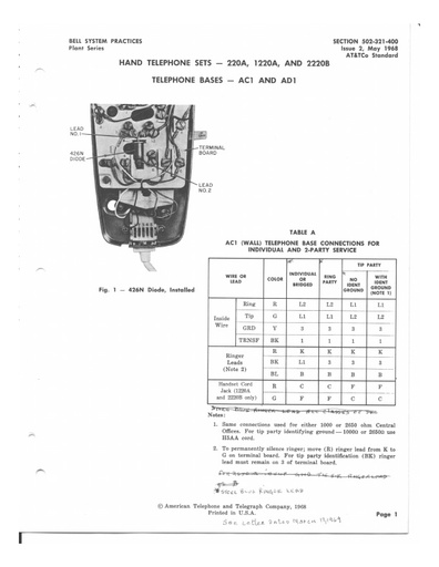 502-321-400 i2 May68 - Trimline Hand Telephone Sets - 220, 1220 and 2220 - Bases AC1 and AD1