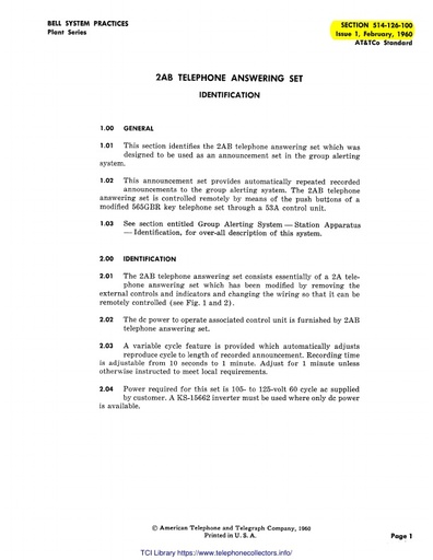 514-126-100 i1 Feb60 - 2AB Tel Answering Set - Id