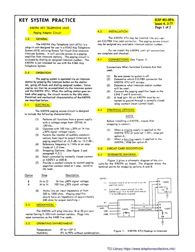 ITT KSP 401-OPA i4 Mar77 - K401PA KTU - Paging Adapter Circuit