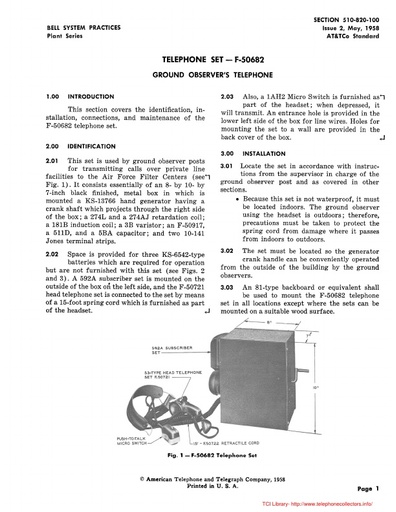 510-820-100 i2 May58 - F-50682 Ground Observer's Telephone