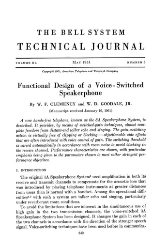 61may BSTJ p649 - Functional Design of a Voice Switched Speakerphone