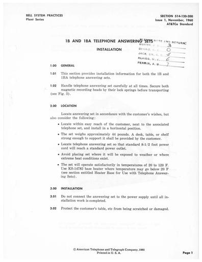 514-120-200 i1 Nov60 - 1B, 1BA Answering Sets Installation