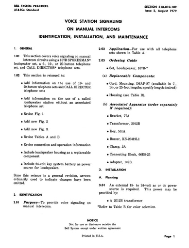 518-010-109 i2 Aug79 - Voice Station Signaling on Manual Intercoms