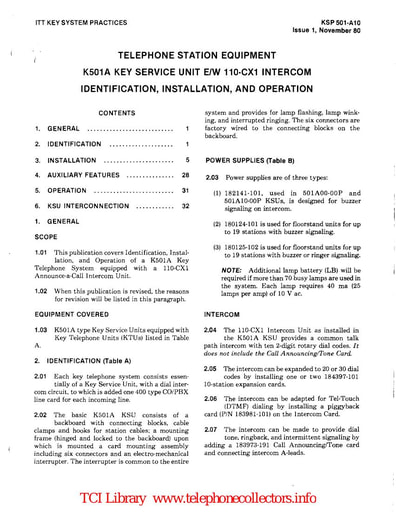 ITT KSP 501-A10 i1 Nov80 - K501A KSU ew 110-CX1 Intercom