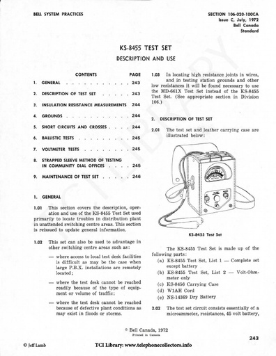 106-020-100CA iC Jul72 - KS-8455 Test Set User Manual