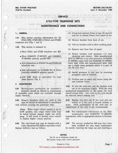 502-738-401 i4 nov 1980 service 2752 type telephone sets