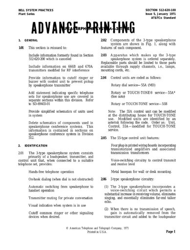 512-620-100 i5 Jan71 - Speakerphone System 3-type (Advance Printing)