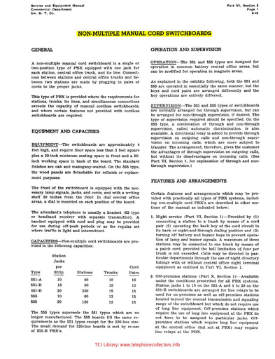 SWBT Service and Equipment Manual [05] - Part VI: PBX Services Sect. 3 - 4 Manual PBX Switchboards