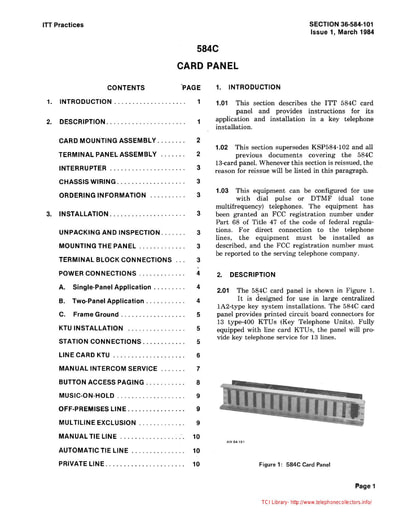 ITT 36-584-101 i1 Mar84 - 584C CARD PANEL for Key Tel Installation