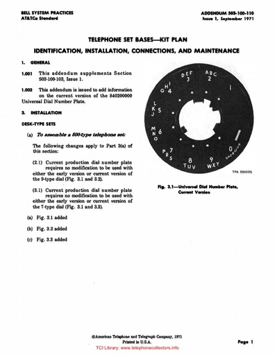 503-100-110 i1 Sep71 - Telephone Set Bases - Kit Plan