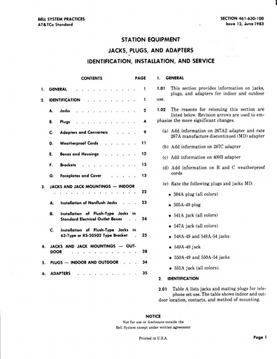 461-630-100 i12 Jun83 - Jacks, Plugs and Adapters - ID, Inst & Service