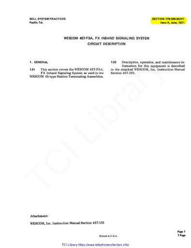 179-399-901PT iA Jun71 - Wescom 457-FSA - FX Inband Signaling System - Circuit Desc Op Maint