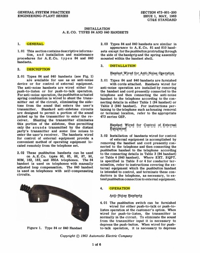 GSP 473-801-200 i1 May 1963 - AE Types 84 And 840 Handsets