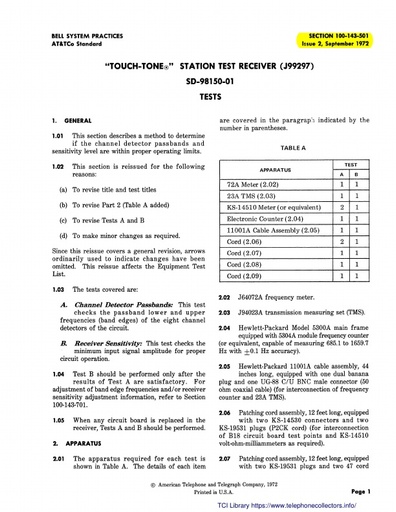 100-143-501 i2 Sep72 - Touch-Tone Station Test Receiver J99297 Tests