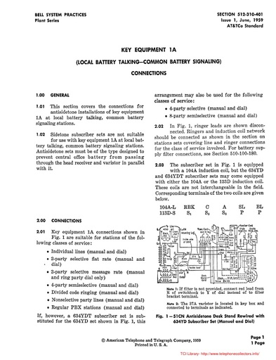 512-310-401 i1 Jun59 - Key Equipment 1A - Local Battery Talking - Common Battery Signaling - Connections