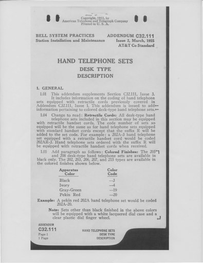 C32.111 Add i2 Mar55 - Hand Tel Sets - Desk Type - Description
