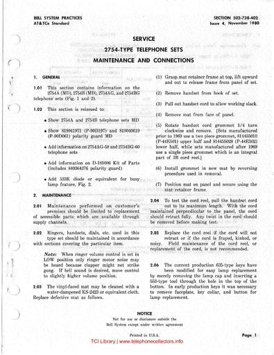 502-738-402 i4 nov 1980 service 2754 type telephone sets