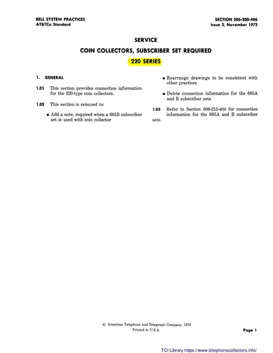 506-330-406 i2 Nov72 - Coin Collectors - Subset Required - 220-series