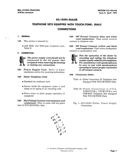 512-125-410 i3 Apr75 - KS-19594 - Magicall Dialer - Touch Tone Dial Connections
