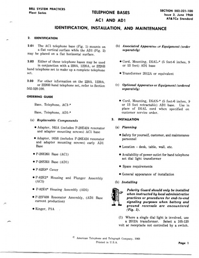 502-321-100 i3 Jun68 - Trimline Telephone Bases - AC1 and AD1