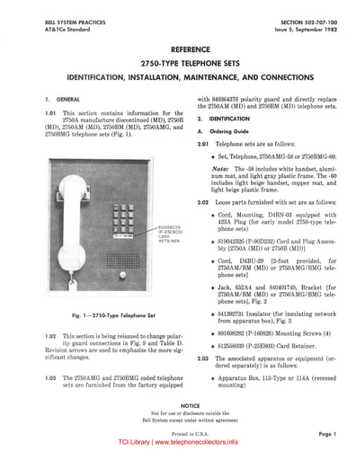 502-707-100 i5 sep 1982 reference 2750 type telephone sets
