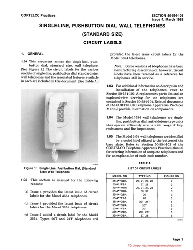 Cortelco 50-554-105 i4 Mar89 - 3554 Wall Telephone - Circuit Labels
