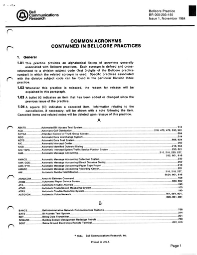 000-203-155 i1 Nov84 - Common Acronyms in Bellcore Practices