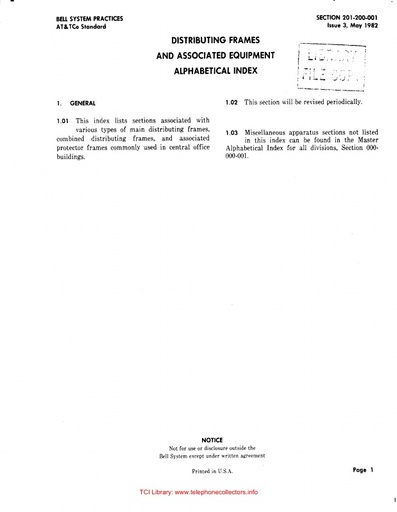201-200-001 i3 May82 - Distributing Frames - Alpha Index