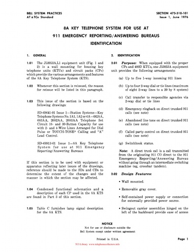 473-310-101 i1 Jun76 - 8A KTS for use at 911 Emergency Reporting Answering Bureaus ID