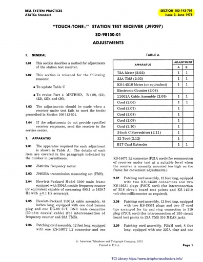 100-143-701 i3 Jun75 - Touch-Tone Station Test Receiver J99297 SD-98150-01 Adjustments