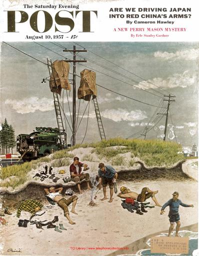 1957 Cover, Saturday Evening Post, Phone Men Laying in the Sun