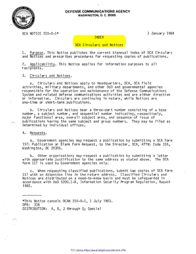 DCA 210-0-1 Jan84 - Circulars and Notices List