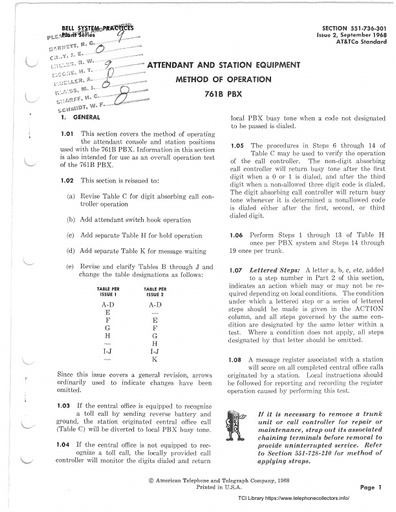 551-736-301 i2 Sep68 - Attendant and Station Equip - Operation - 761B PBX