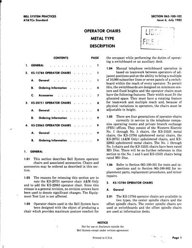 065-100-102 i6 Jul82 - OPERATOR CHAIRS METAL TYPE DESCRIPTION