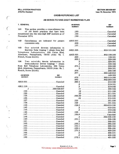 300-020-007 i10 Nov74 - Cross Reference AB-Series to Plant-Series