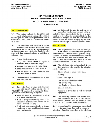 C71.835 00 KTS   Station Arrangement For 2  And 4 Wire No 5 Crossbar Central Office Lines   Identification   Issue 2 January 1963 tci ocr
