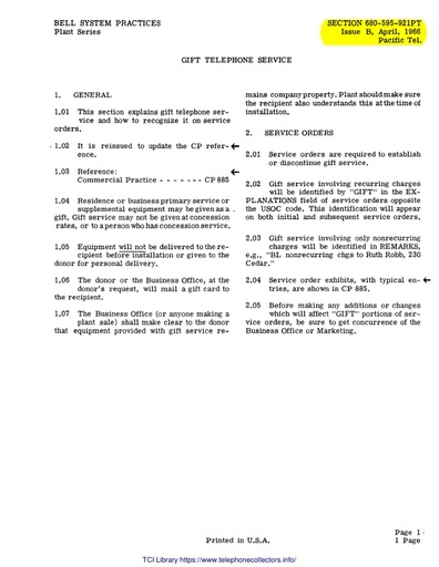 680-595-921PT iB Apr66 - Gift Telephone Service