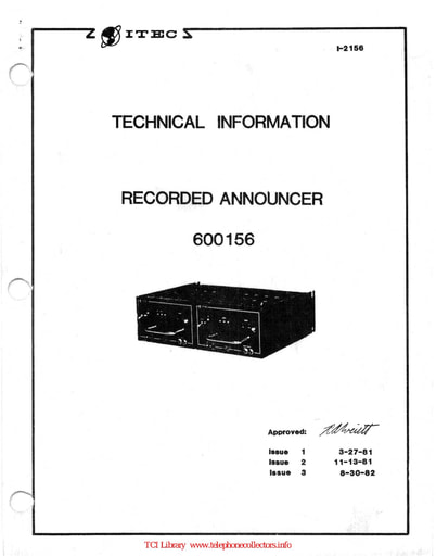 ITEC 1-2156 i3 Aug82 - Recorded Announcer 600156