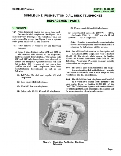 Cortelco 50-500-104 I3 Mar89 - 2500-series Replacement Parts
