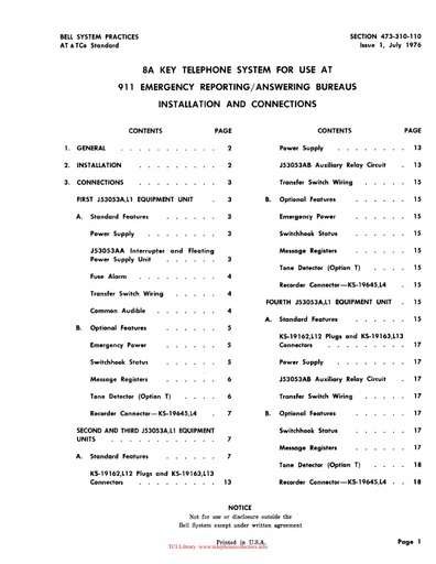 473-310-110 i1 Jul76 - 8A KTS for use at 911 Emergency Reporting Answering Bureaus  Inst Conn