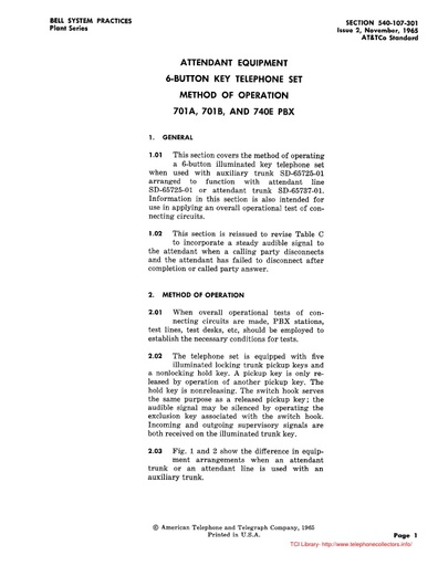540-107-301 i2 Nov65 - ATTENDANT EQUIPMENT - 6-Button Key Tel Set - Method of Operation - 701A 701B 740E PBX