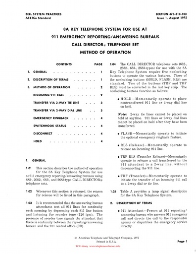 473-310-103 i1 Aug75 - 8A KTS for use at 911 Emergency Reporting Answering Bureaus Call Dir Operation